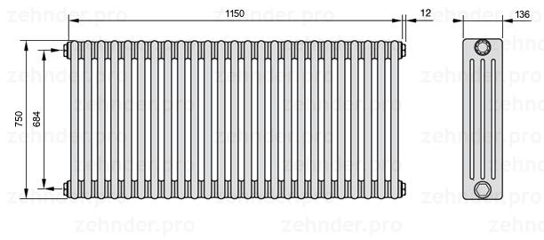 Схема (чертеж) Радиатор Zehnder Charleston 4075/25 №1270 Белый глянцевый RAL 9016